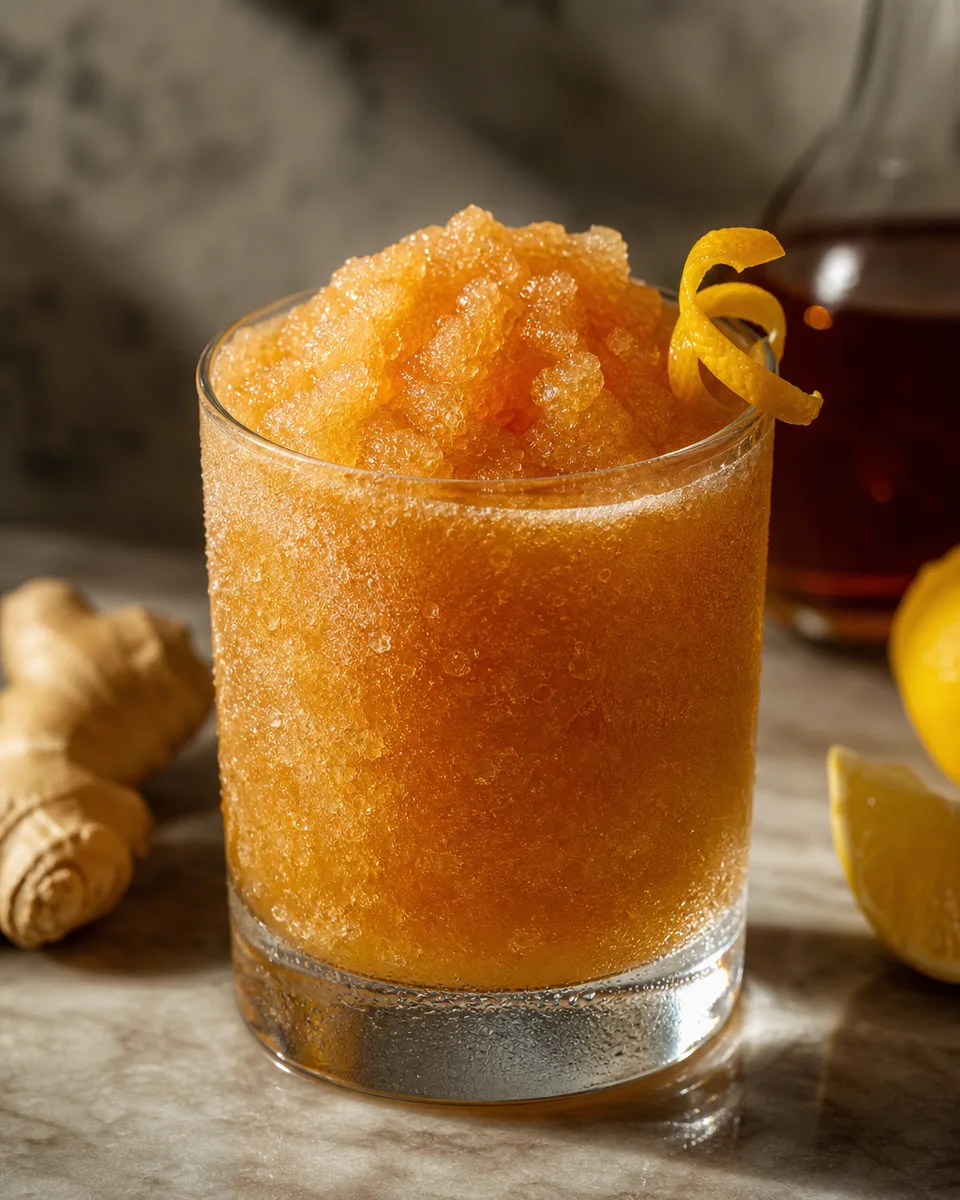 Horse’s Neck Slush with Cognac and ginger ale in an amber icy pour