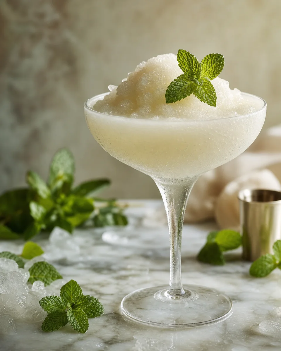 Cognac Mint Stinger Slush served as a pale icy cocktail in a chilled glass