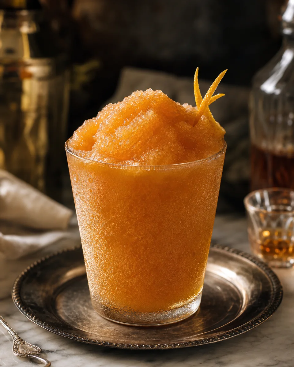 Cognac Sazerac Slush served in a chilled glass with a warm amber color