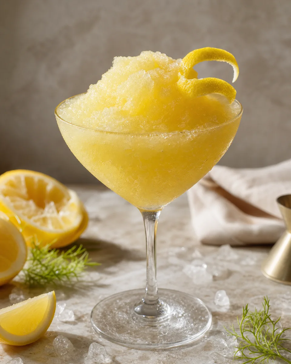 Corpse Reviver #2 Slush with a pale golden citrus finish in a chilled glass