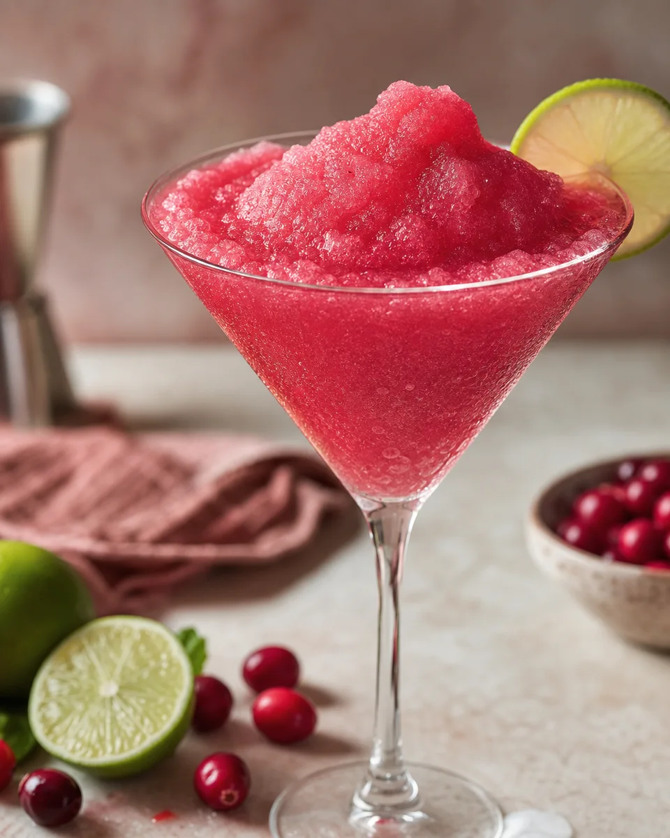 Cosmopolitan Slush with a rosy cranberry color in a chilled glass