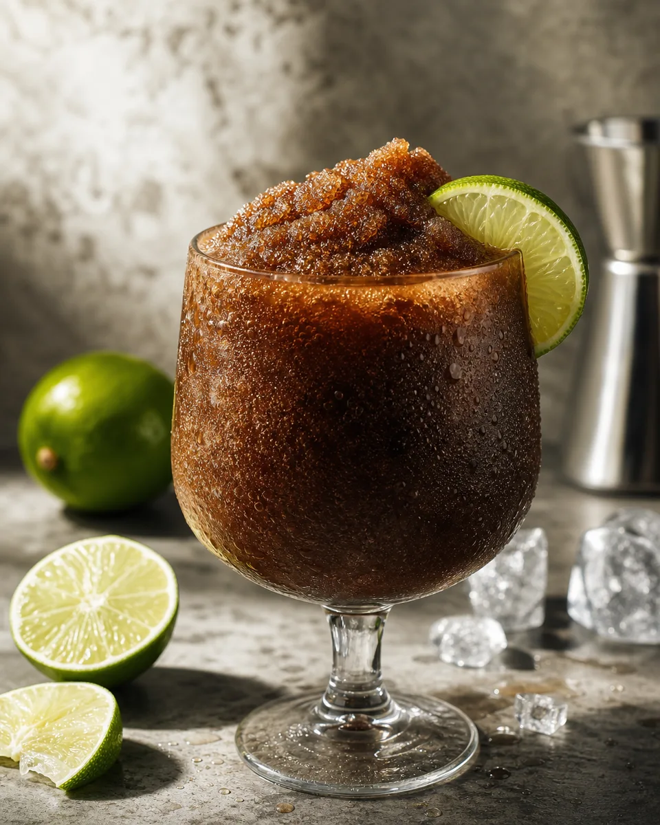 Cuba Libre Slush with dark cola color served icy in a glass