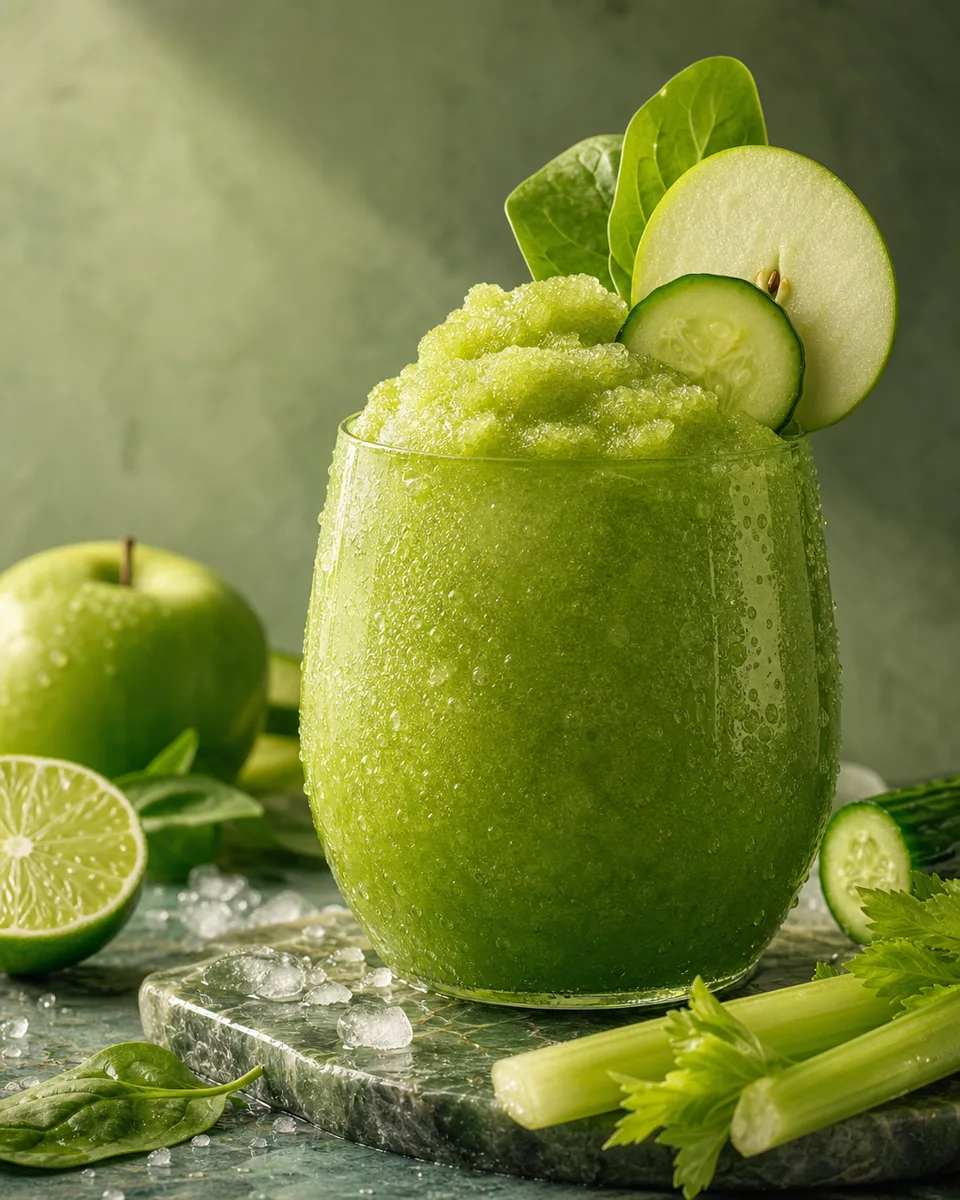 Cucumber Apple Spinach Slush in a glass with a fresh green color