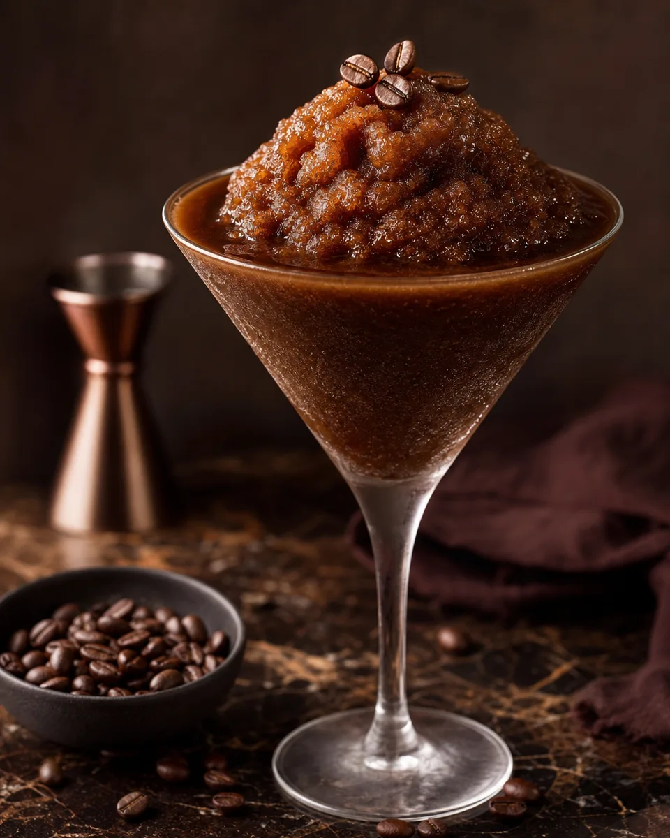 Espresso Martini Slush with a dark coffee-colored icy texture in a chilled glass