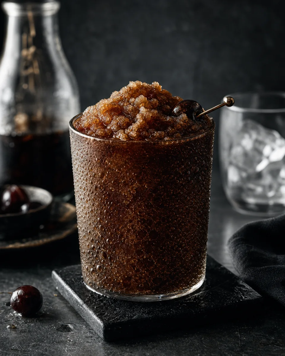 Fernet Cola Slush in a chilled glass with a dark cola color