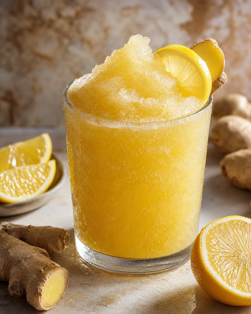 Fiery Ginger Lemon Beer Slush with a pale golden icy texture in a glass.