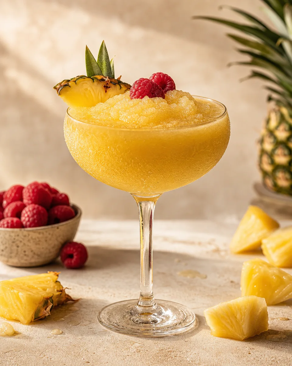 French Martini Slush with pineapple and black raspberry in a chilled glass