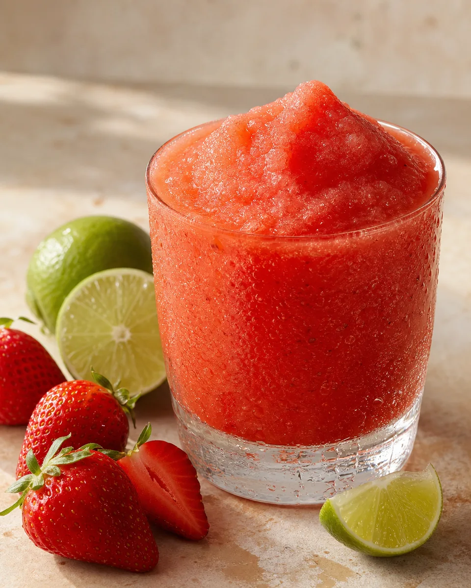 Dense frozen strawberry daiquiri slush in a clear glass with strawberries and lime