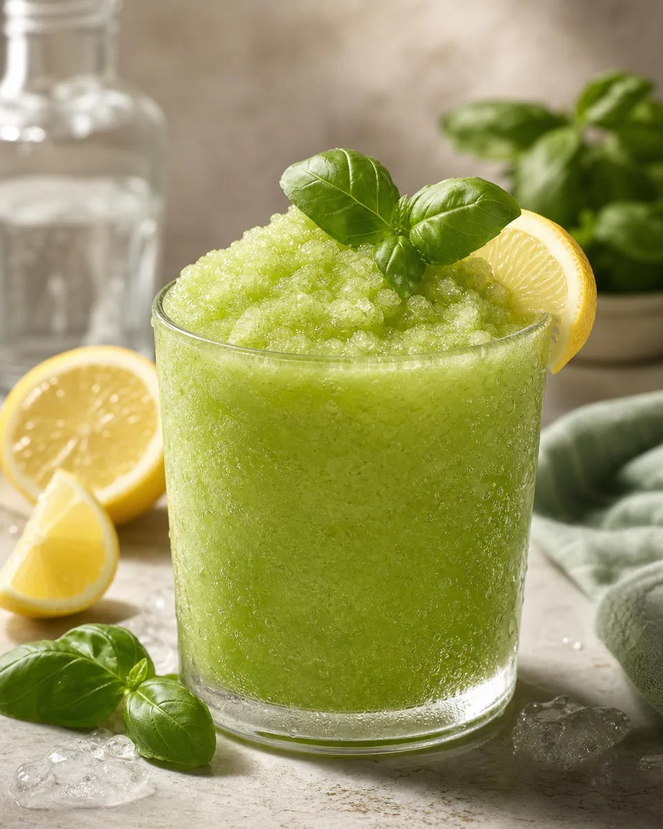 Gin Basil Smash Slush in a glass with a pale green icy texture