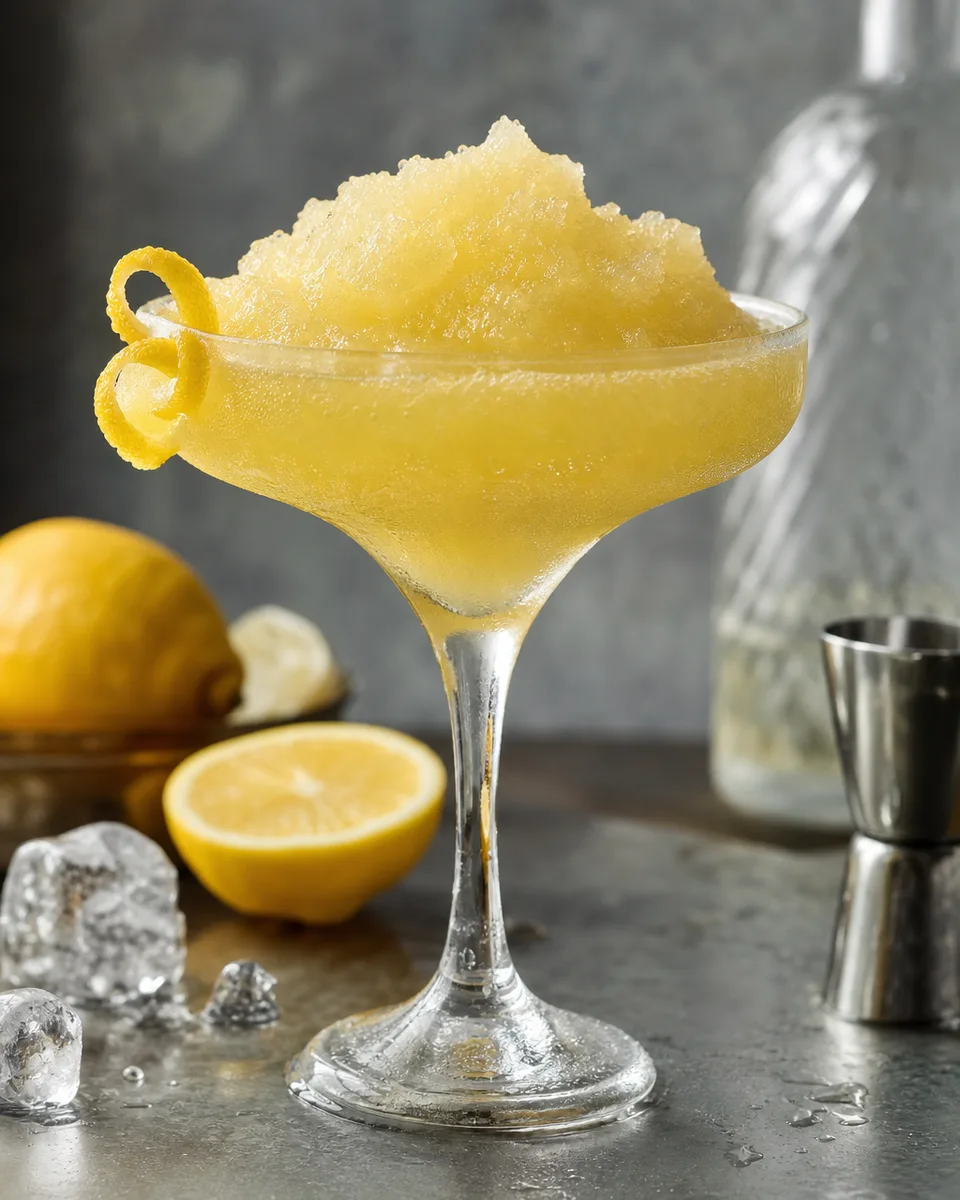 White Lady Slush with pale lemon color in a chilled cocktail glass