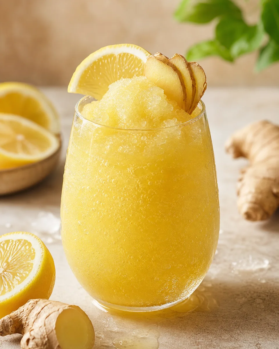 Ginger Lemonade Slush in a chilled glass with a golden lemon-lime color