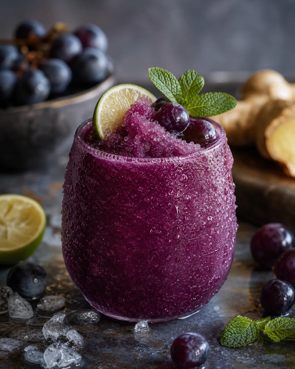 Grape Vodka Ginger Ale Slush in a glass with a deep purple icy texture