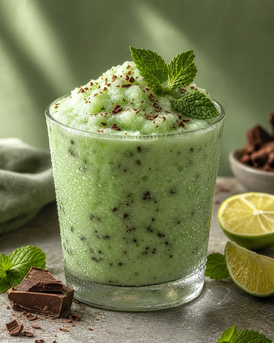 Grasshopper Slush with a pale green creamy mint-chocolate texture