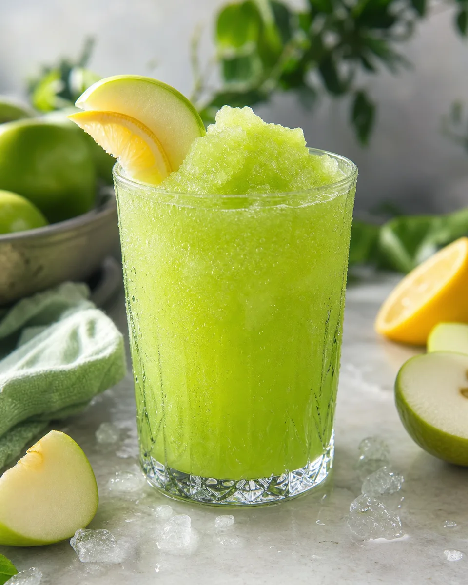 Green Apple Whisky Lemonade Slush in glasses with a vivid green icy texture