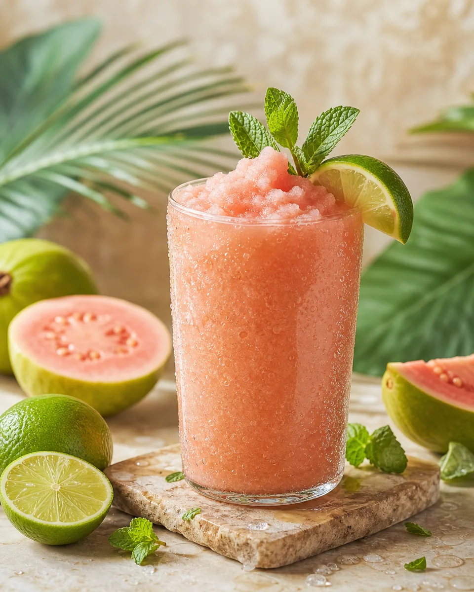 Guava Mojito Slush in a chilled glass with a peachy tropical color