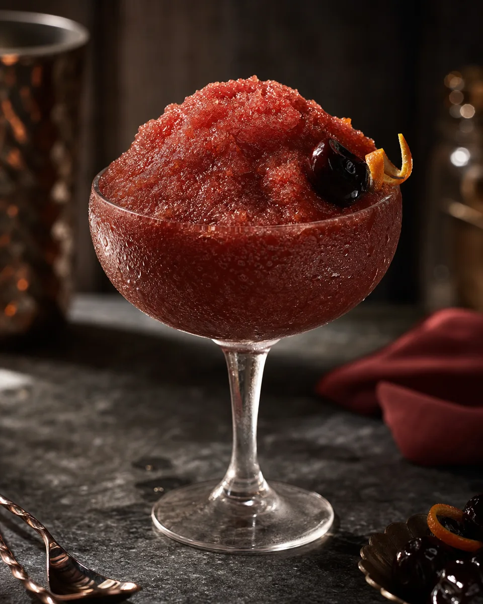 Hanky Panky Slush with a deep reddish-brown icy cocktail texture