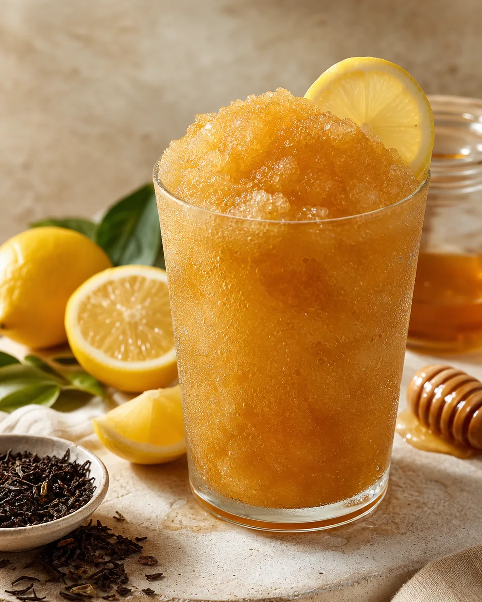 Honey lemon iced tea slush with a golden tea color in a chilled glass