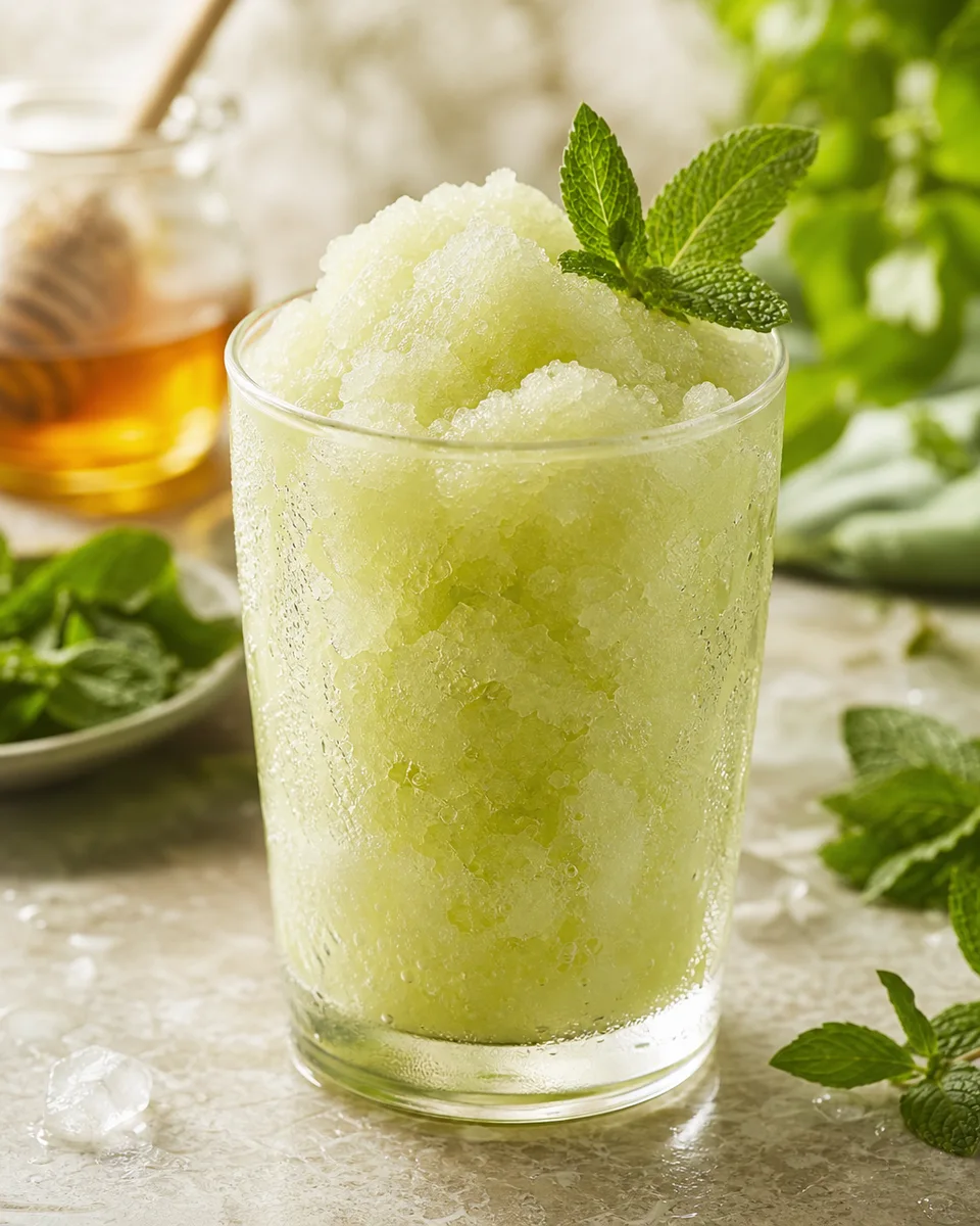 Honey mint tea slush in a glass with a pale green herbal color
