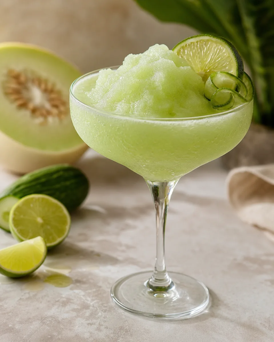 Honeydew cucumber lime slush served icy and pale green in a glass