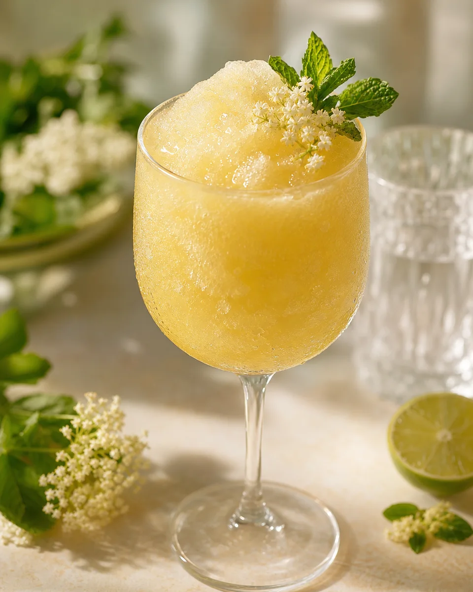 Hugo Spritz Slush with a pale golden icy texture in a glass