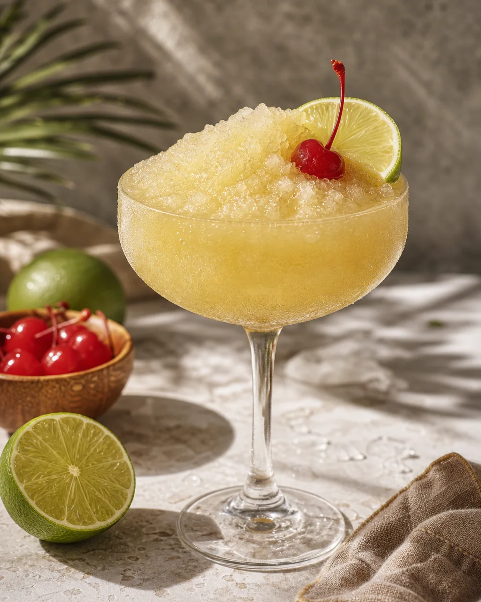Illegal Mezcal Falernum Slush in a chilled glass with a pale golden lime color