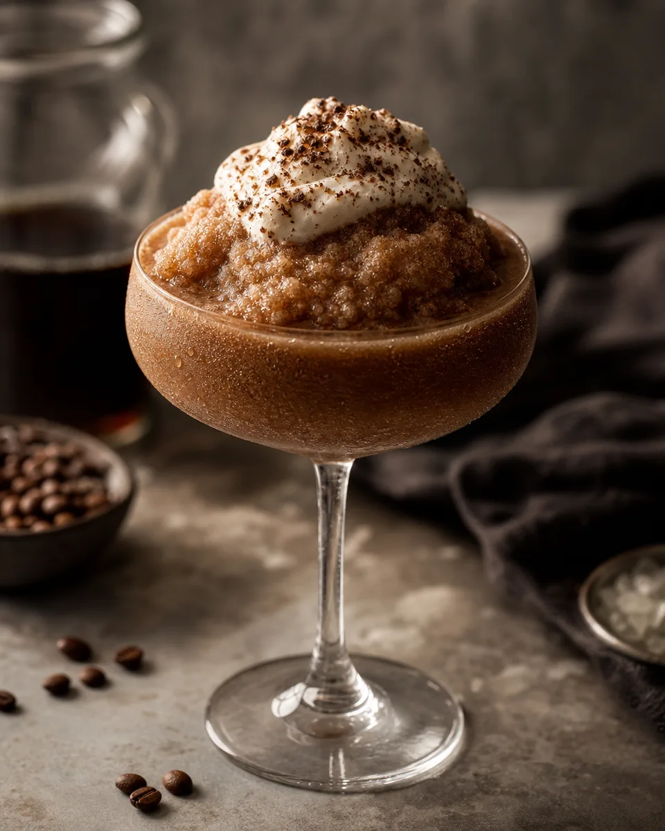 Irish Coffee Slush in a glass with a creamy coffee-brown finish