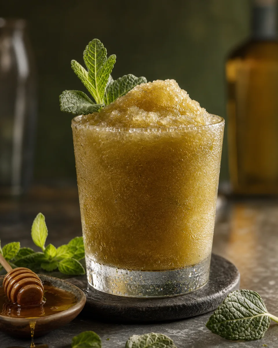 Irish Whiskey Chartreuse Slush in a chilled cocktail glass with an amber-green icy texture
