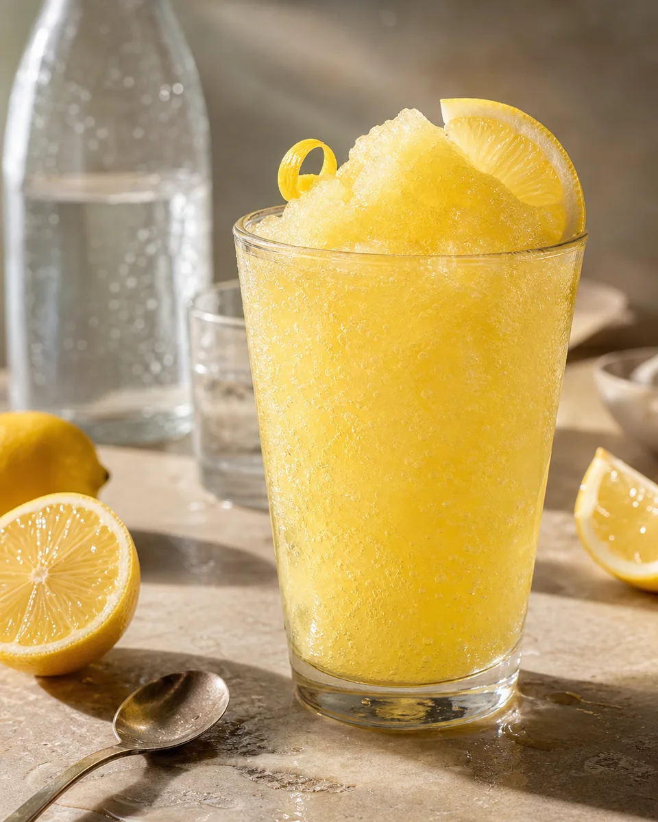 Pale lemon John Collins Slush served cold in a glass.