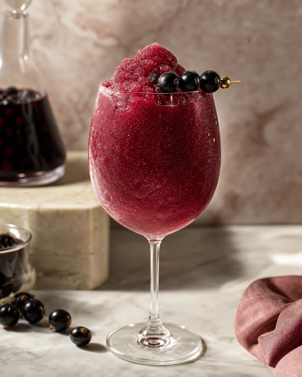 Kir Slush with dry white wine and deep cassis color in a chilled glass