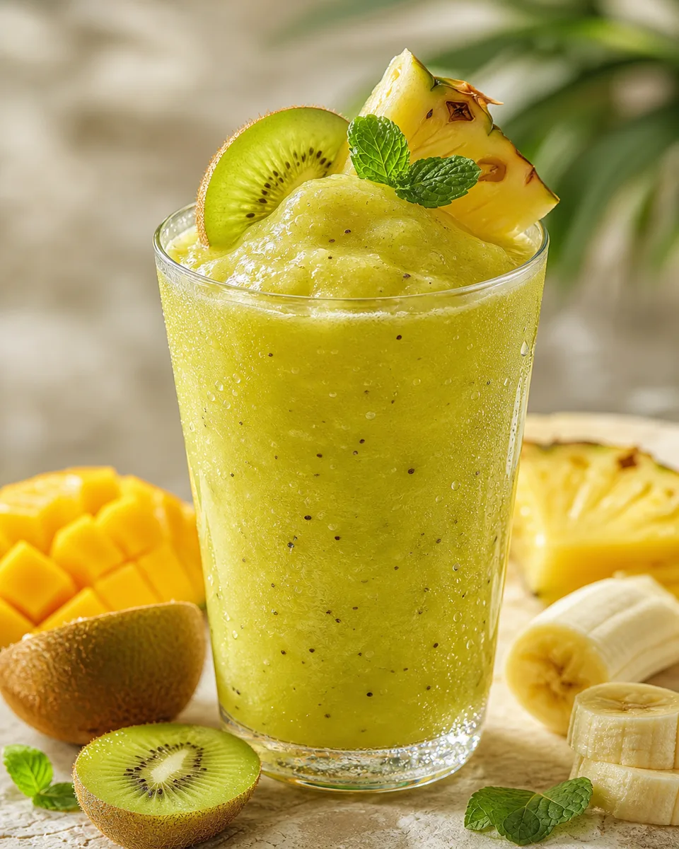 Kiwi mango pineapple smoothie with a thick green-yellow icy texture