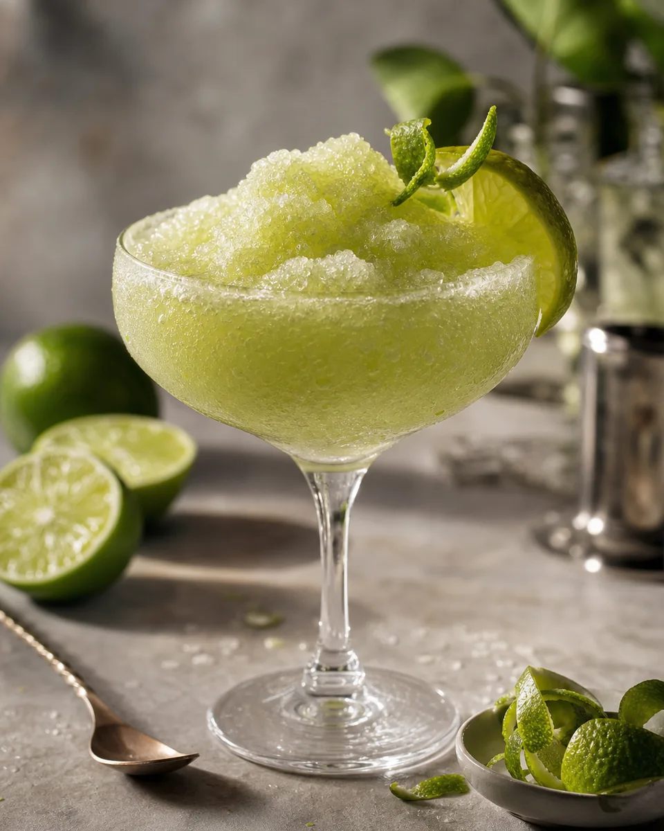 Last Word Slush with a pale green icy texture in a glass