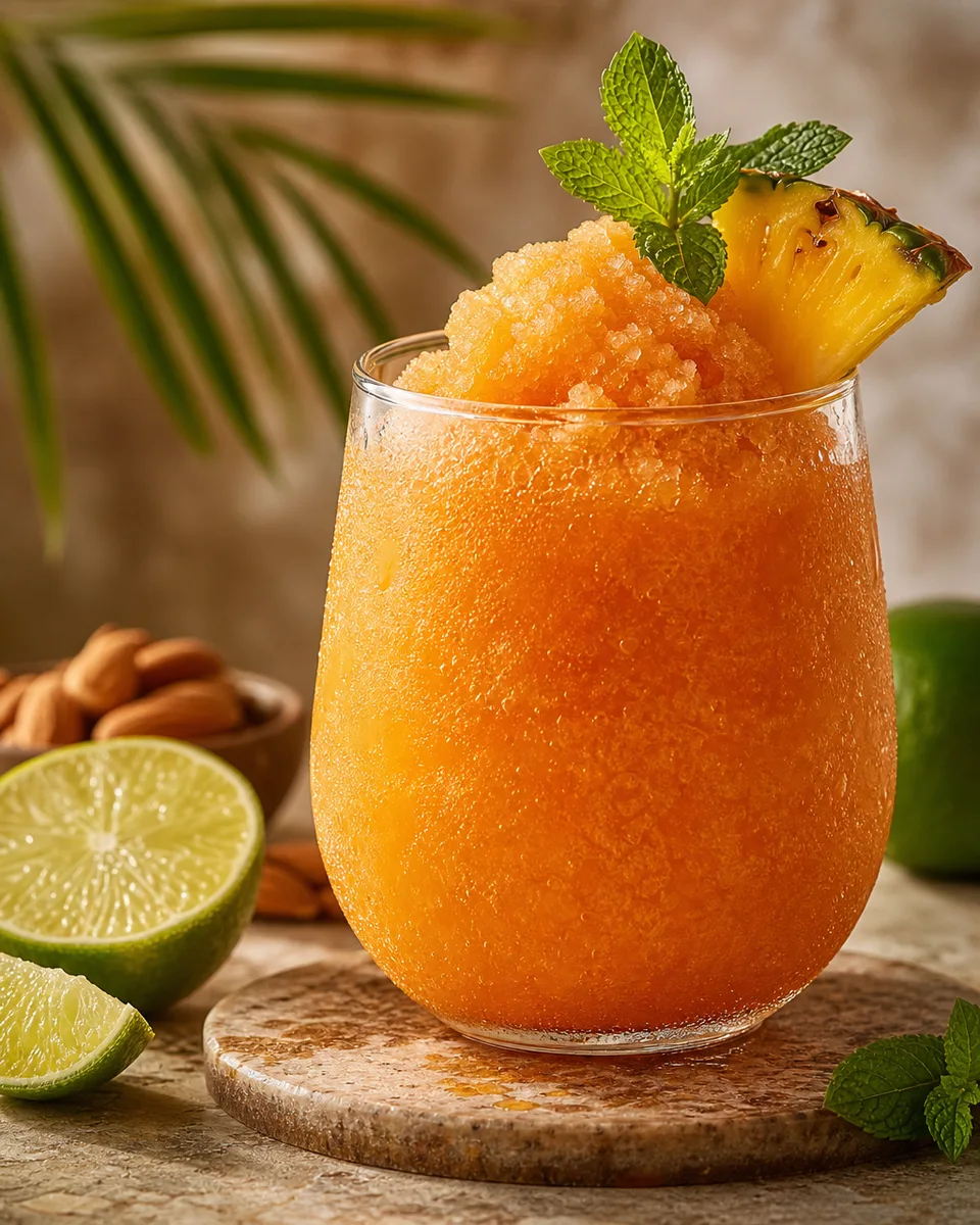 Mai Tai Slush with an amber-orange tropical drink in a chilled glass