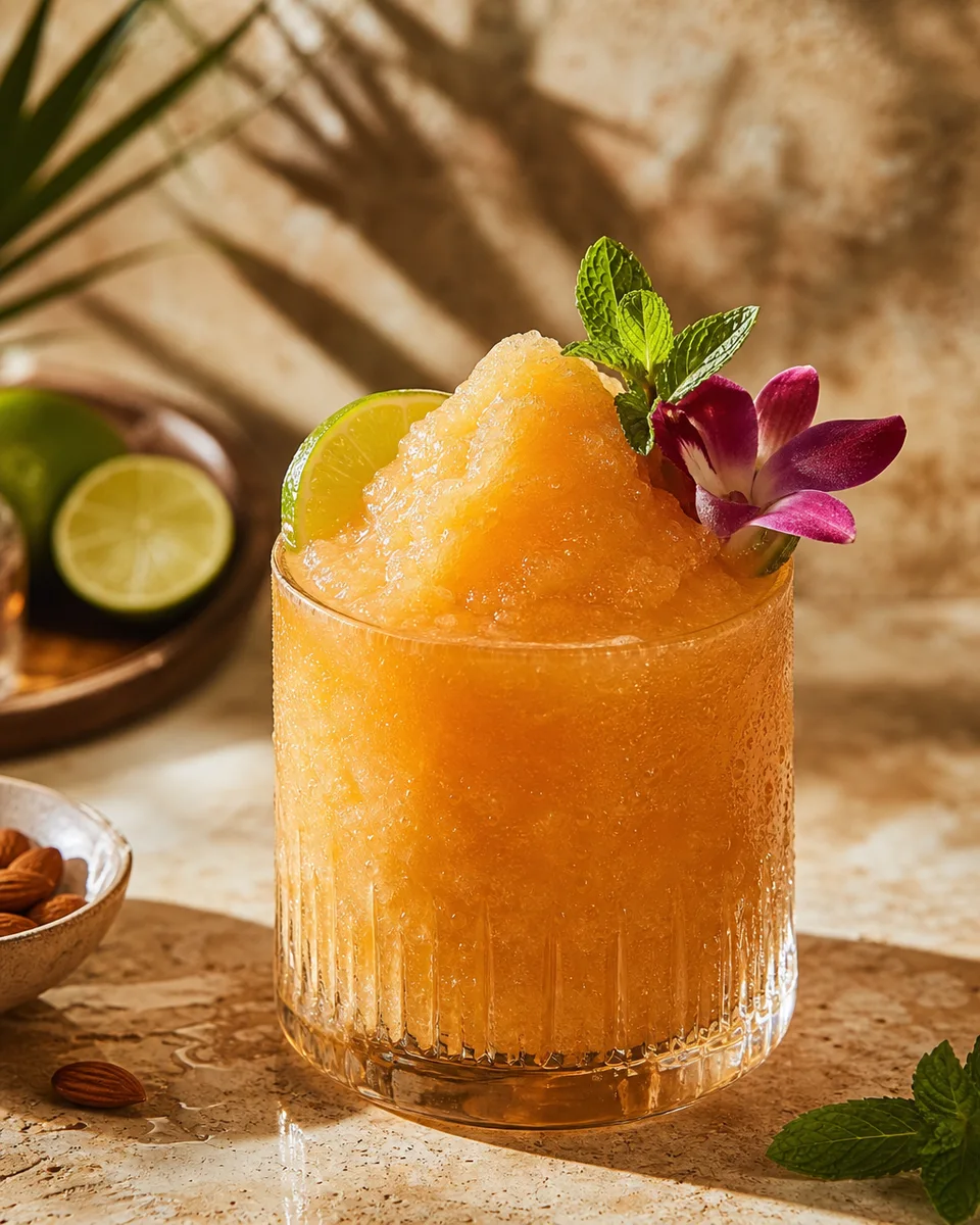 Mai Tai Slush in a glass with a golden-orange icy texture