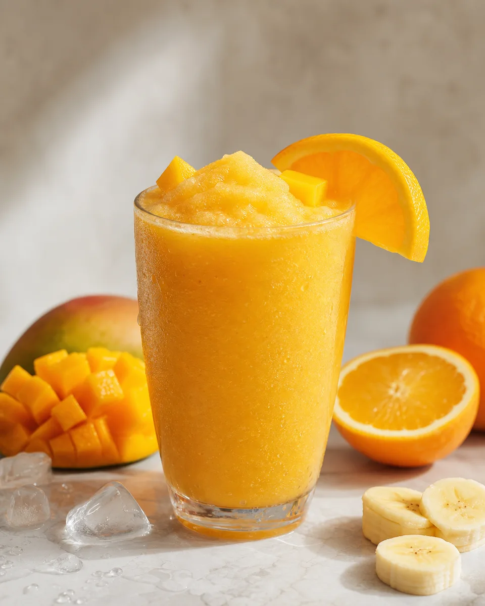 Mango Banana Orange Smoothie served cold with a creamy golden-orange texture