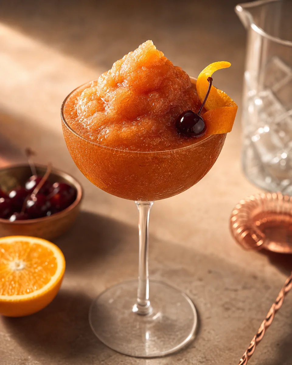 Martinez Slush with a deep amber-orange color in a chilled cocktail glass