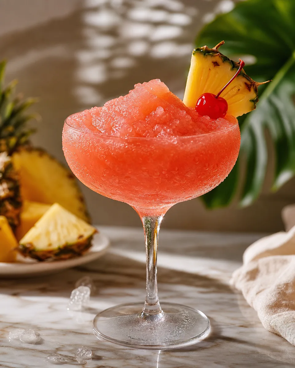 Rosy pineapple Mary Pickford Slush served icy in a chilled glass