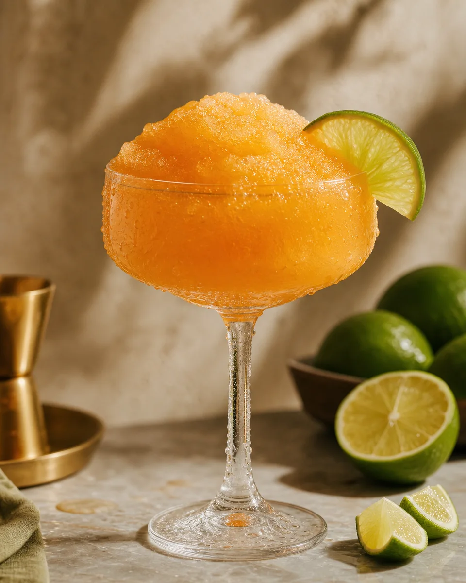 Naked and Famous Slush with an orange citrus color in a chilled glass