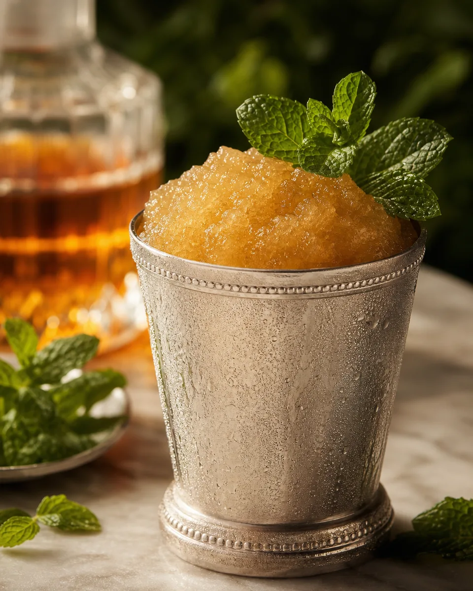 Mint Julep Slush in a chilled cup with a golden bourbon color