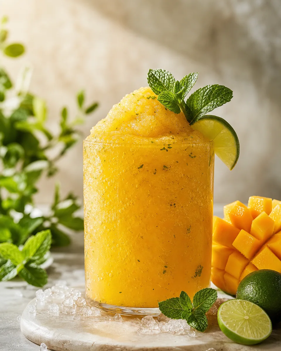Mint mango green tea slush with a golden mango color served icy in a glass
