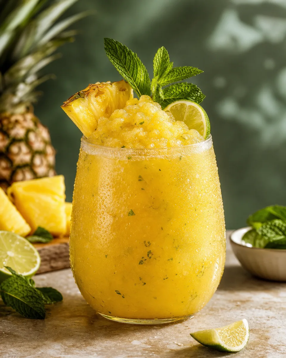 Missionary's Downfall Slush with pineapple, mint, lime, peach, and white rum in a golden icy pour.