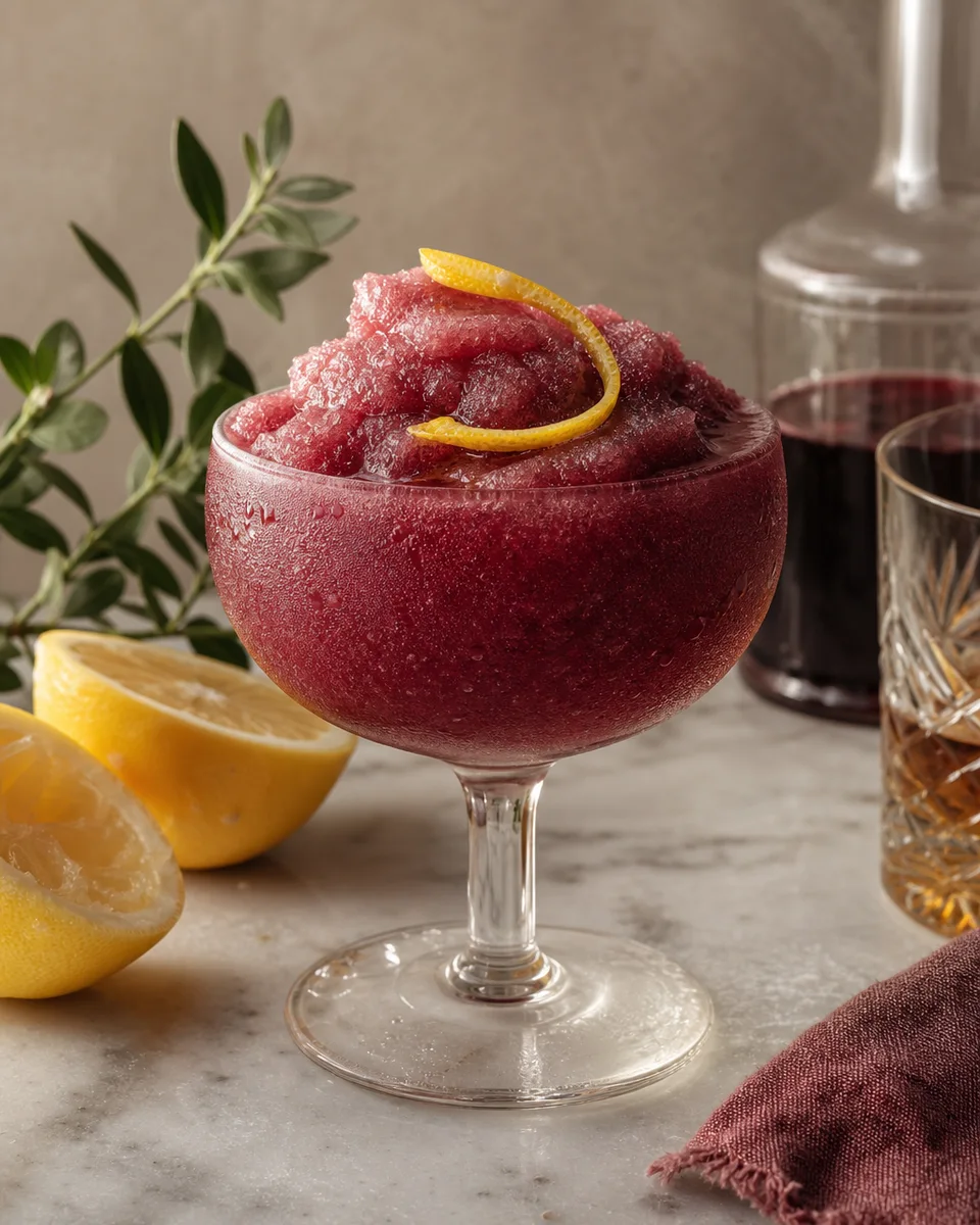New York Sour Slush with a deep red whiskey-lemon base in a chilled glass
