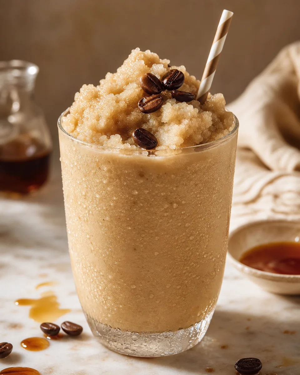 Non-alcoholic Irish cream coffee slush in a chilled glass with a creamy tan color