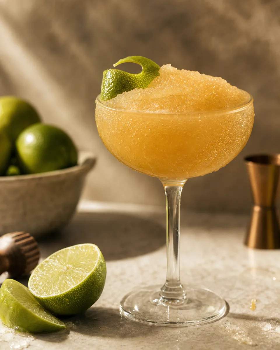 Old Cuban Slush with a pale golden rum and lime cocktail texture in a coupe glass