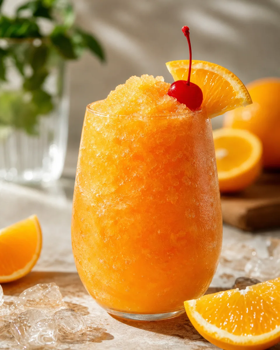 Orange Grenadine Mocktail Slush served icy in a glass with a sunset-orange color