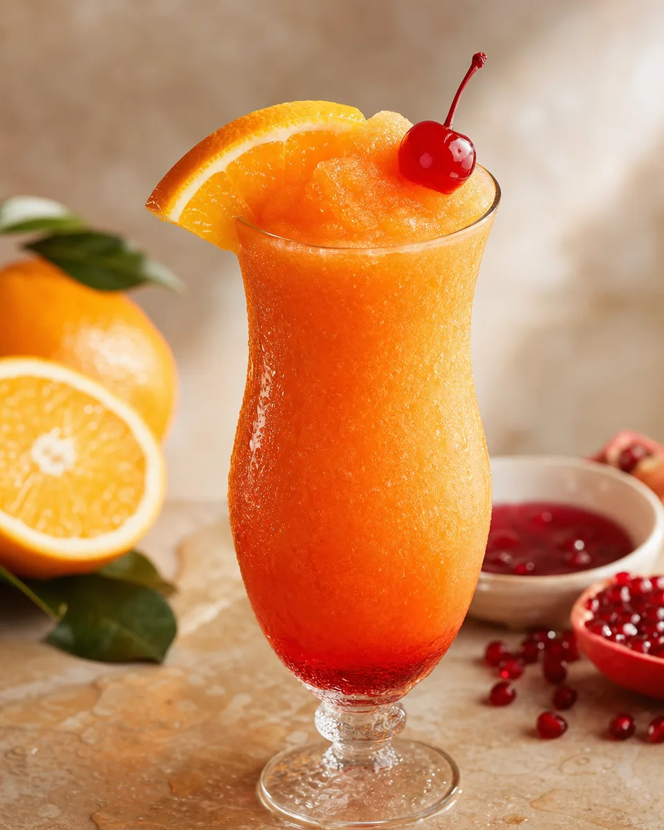 Orange Grenadine Sunrise Mocktail in a glass with an orange-red icy texture