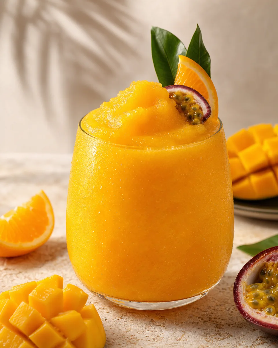 Orange Mango Passion Fruit Slush in chilled cups with a golden-orange color