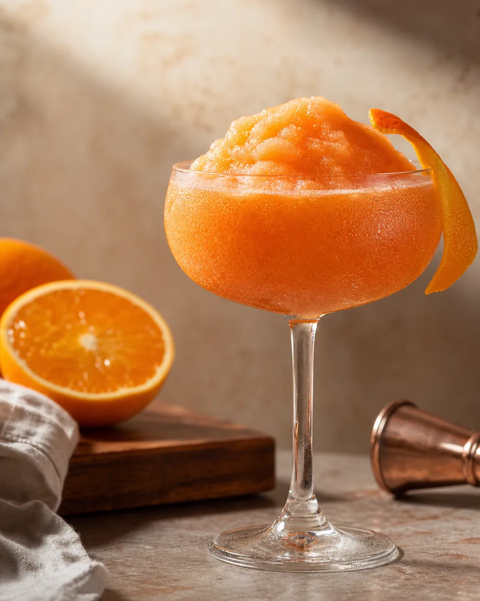 Orange Paper Plane Slush in a chilled cocktail glass.