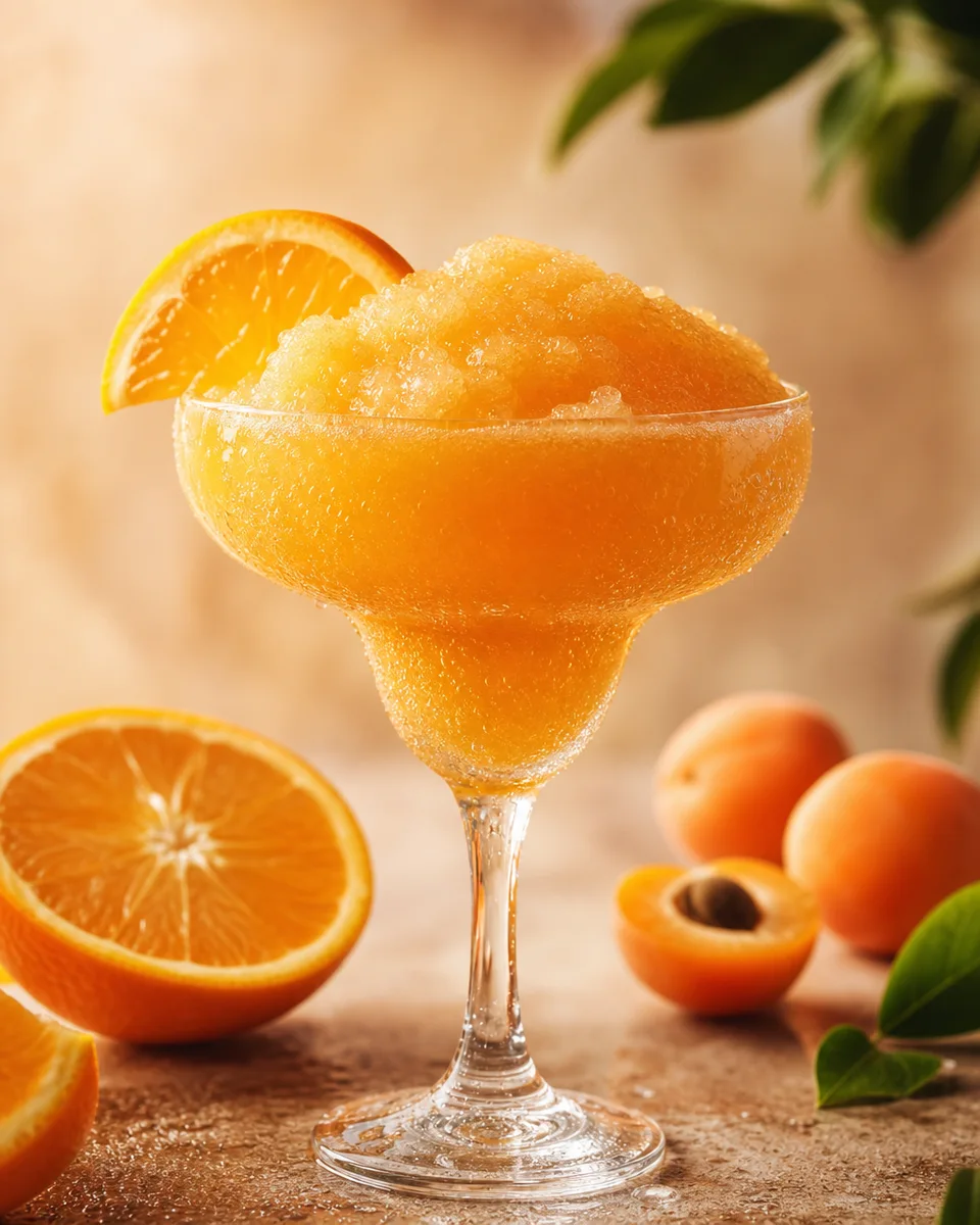 Paradise Apricot Gin Slush in a chilled glass with a golden orange color.