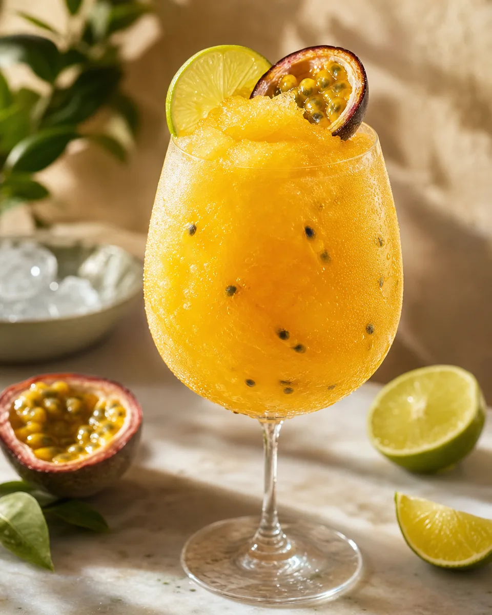 Passion Fruit Lime Spritz served as a golden icy drink in a glass