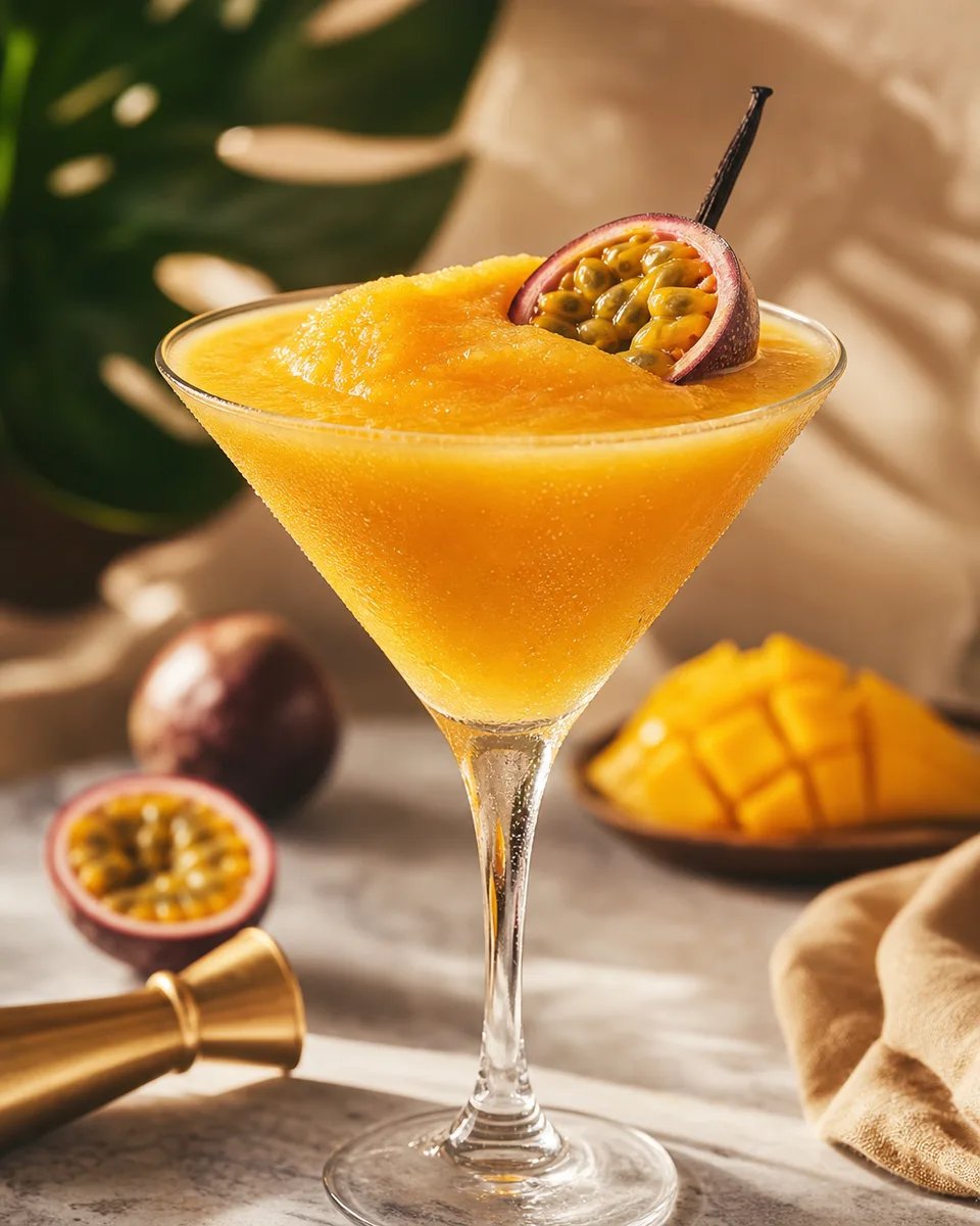 Passion Fruit Vanilla Martini Slush in a chilled glass with a golden tropical color